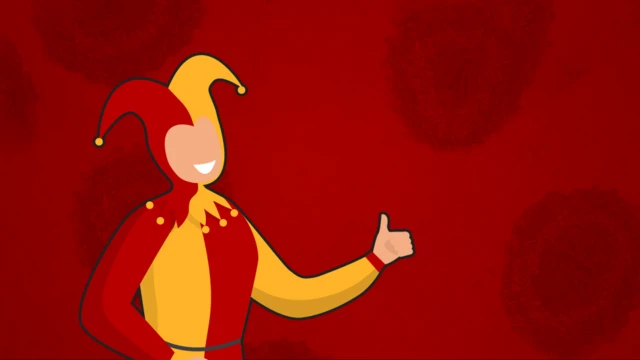 "Joker": Jester in red and yellow on red background