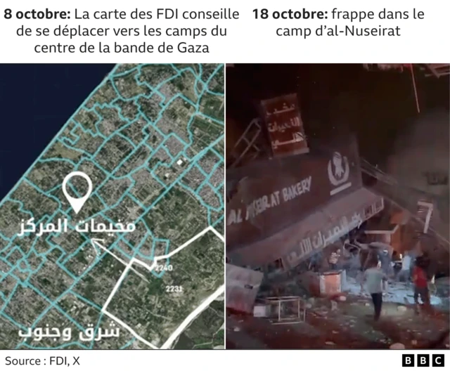 Le graphique montre, à gauche, un tweet des FDI et une carte conseillant à la population de se rendre dans les camps du centre de Gaza et, à droite, un extrait d'une vidéo vérifiée d'une attaque sur le camp d'al-Nuseirat.