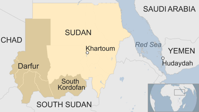 Map of Sudan showing the states of Darfur and the state of South Kordofan, Yemen and Saudi Arabia