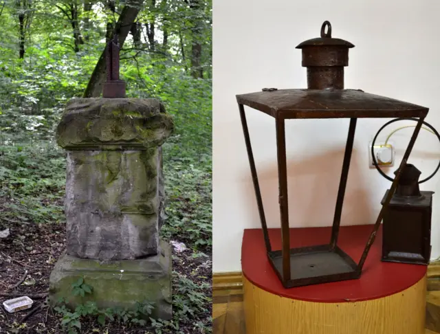 Ліхтарики у парку Малинських: ліворуч - вціліла основа у Зірному, праворуч - залишки ліхтарика у музеї
