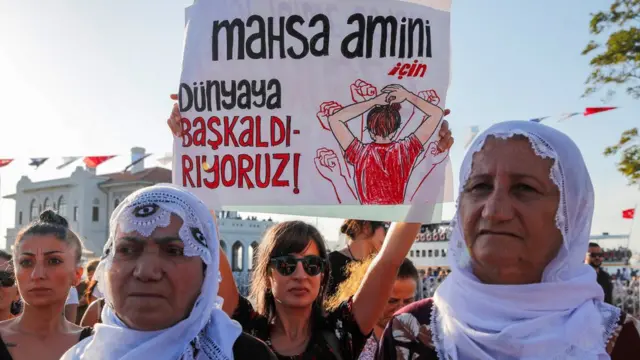 Two women in white headscarves take part in a rally in Istanbul, Turkey