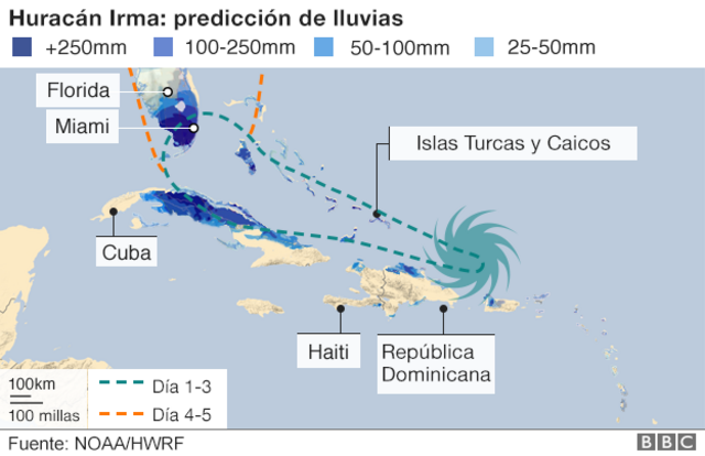 Mapa con la previsión de lluvias por Irma.