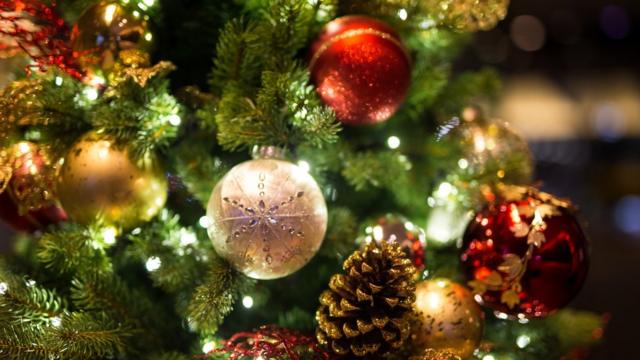 Ветка новогодней елки с белым и красным шаром и позолоченной шишкой