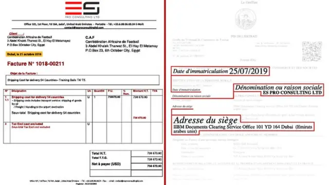 Une facture de ES Pro Consulting Limited à côté du certificat de constitution de la société