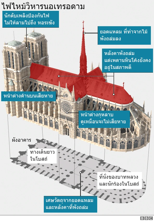 Graphic showing 3d image of Notre Dame highlighting roof and spire which have been destroyed