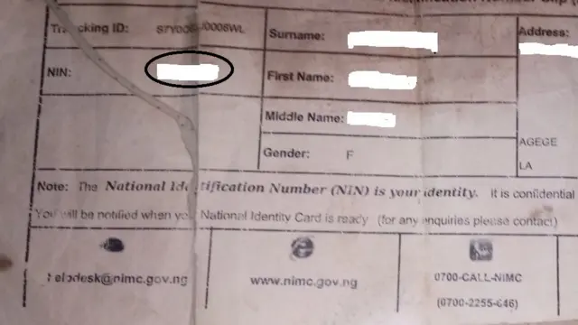 Aworan iwe pelebe ti wọn kọ nọmba NIN si