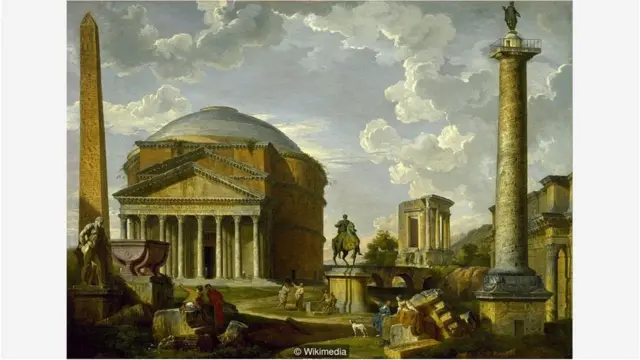 Dalam Pemandangan Fantasi dengan Pantheon dan Monum Romawi Kuno Lain (1737) oleh Giovanni Paolo Panini, reruntuhan pun ditata ulang agar gambarnya lebih indah.