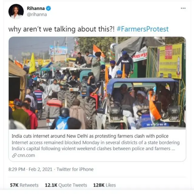 ریحانہ ٹویٹ ردعمل