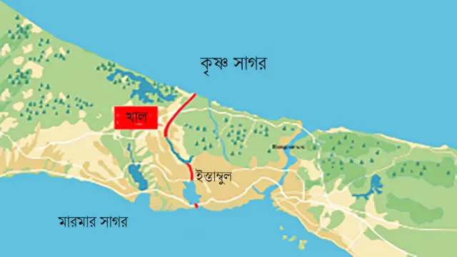 কানাল ইস্তাম্বুলের গতিপথের মানচিত্র।