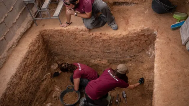 Trabajadores en una fosa común.