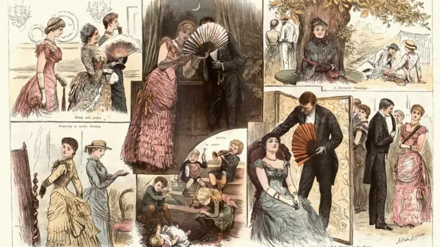 Ilustrações da era vitoriana da série 'The society war game' (1884) mostra diferentes cenassacar no sportingbetque pessoas usam leques