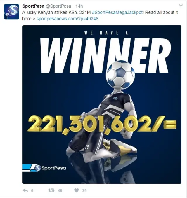 Tangazo la Sportpesa kuhusu mshindi wa Sh221m