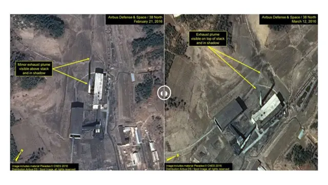 미국 북한전문매체 '38노스(38North)'가 북한 영변 핵단지의 핵연료 재처리시설 부속 발전소 전후 사진을 공개했다 (좌: 2월 / 우: 3월)