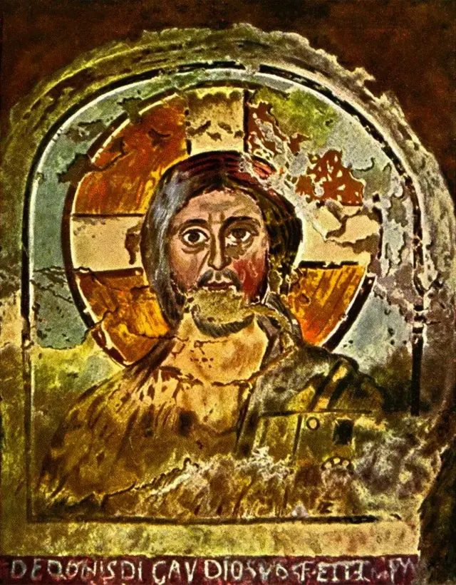 جدارية قديمة للمسيح في سراديب الموتى في روما