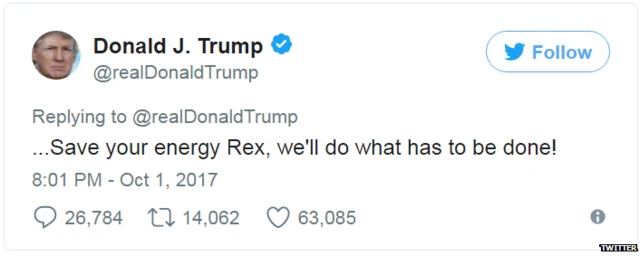Donald trump's tweet advising Tillerson to save his energy