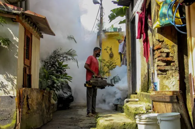 A municipal worker fumigates a residential area as preventive measure against the mosquito-born diseases 