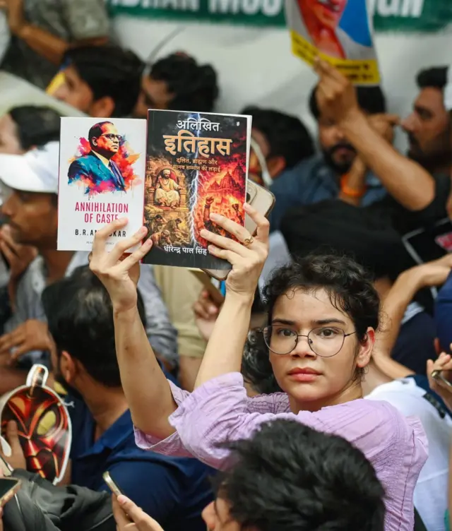 Supporters of the Cockroach Janta Party (CJP) take part in the protest at the Jantar Mantar, in New Delhi on Saturday. (ANI Photo/Sumit)