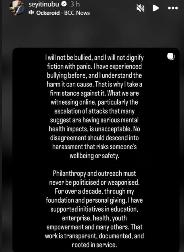 Screenshot Seyi Tinubu Instagram story on feud between King Mitchy and VDM