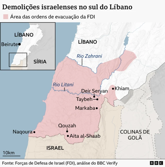Um mapa mostrando a localização de sete vilarejos e cidades no sul do Líbano onde demolições israelenses ocorreram. Também mostra uma área em vermelho que representa as localidades abrangidas pelos avisos de evacuação das FDI