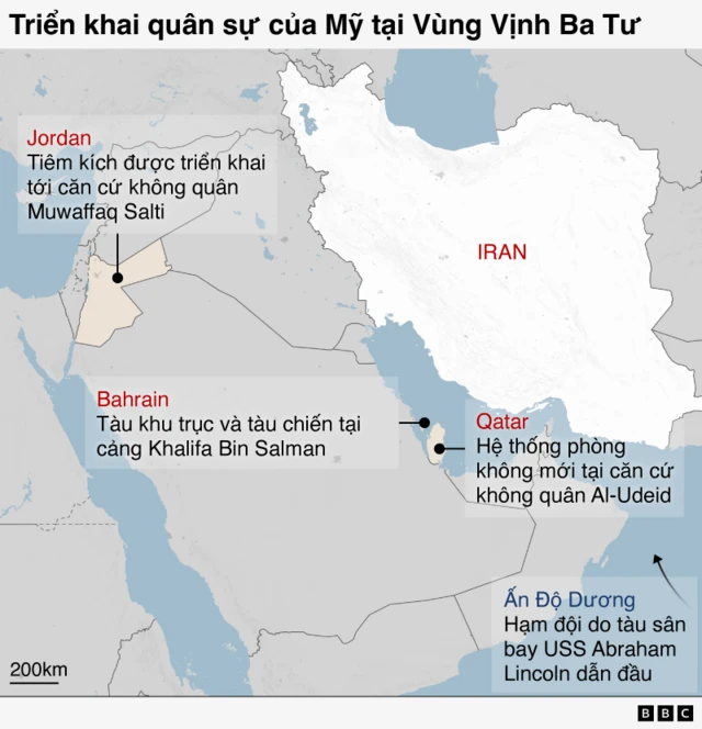 Bản đồ Trung Đông cho thấy các đợt triển khai quân sự gần đây của Mỹ xung quanh Iran, tại khu vực Vịnh Ba Tư