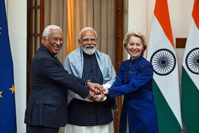 ਯੂਰਪੀ ਕਮਿਸ਼ਨ ਦੀ ਪ੍ਰਧਾਨ ਉਰਸੁਲਾ ਵਾਨ ਡੇਰ ਲੇਅਨ, ਨਰਿੰਦਰ ਮੋਦੀ ਤੇ ਯੂਰਪੀ ਕਾਊਂਸਿਲ ਦੇ ਪ੍ਰਧਾਨ ਐਂਟੋਨਿਓ ਕੋਸਟਾ