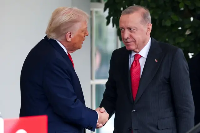 Trump ve Erdoğan Beyaz Saray'ın girişinde, üzerinde takım elbiselerle el sıkışırken