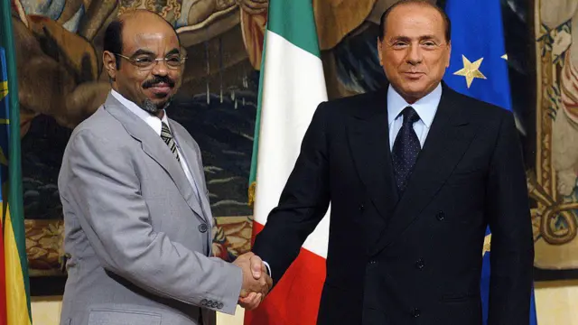 የቀድሞው ኢትዮጵያ ጠቅላይ ሚኒስትር መለስ ዜናዊ እና የቀድሞው የጣልያን ጠቅላይ ሚኒስትር ሲልቪዮ ቦርሎስኮኒ 