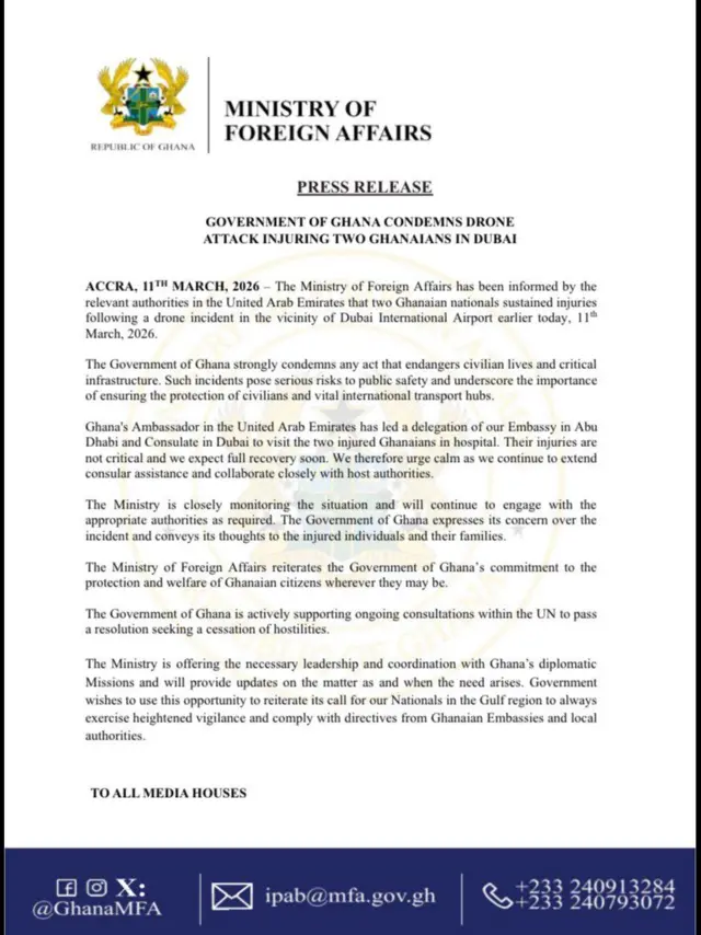 Aworan atẹjade ti ileeṣẹ ọrọ ilẹ okeere ni Ghana fi sita lori ẹhonu rẹ nipa ikọlu ado oloro to ba awọn ọmọ orilẹede rẹ meji.