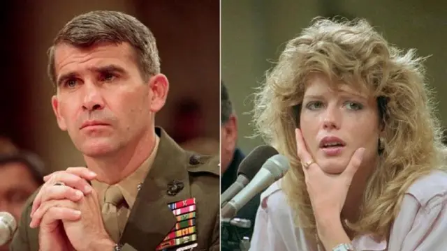 اولیور نورث و فاون هال در جریان جلسات استماع مرتبط با رسوایی ایران کنترا در کنگره آمریکا