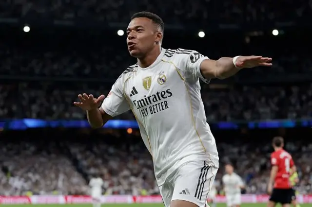 Kylian Mbappe of Real Madrid celebrate goal during di LaLiga EA Sports match between Real Madrid v Real Mallorca for di Estadio Santiago Bernabeu on August 30, 2025 for Madrid, Spain.