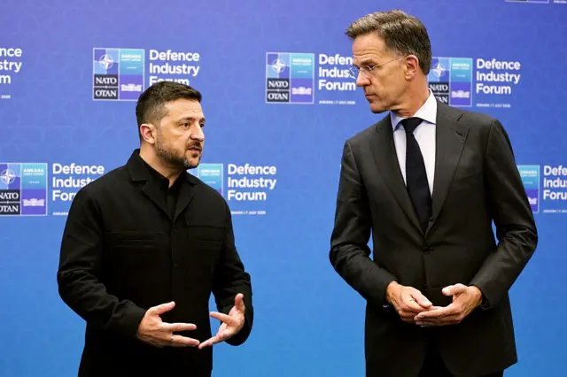 Генеральний секретар НАТО Марк Рютте (праворуч) розмовляє з президентом України Володимиром Зеленським 7 липня в Анкарі