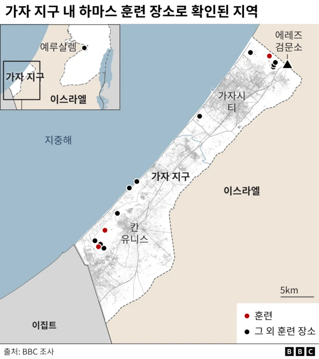 가자 지구 내 훈련 장소 14곳을 표시한 지도