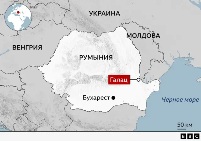 Карта, на которой отмечен город Галац в Румынии рядом с границей с Украиной.