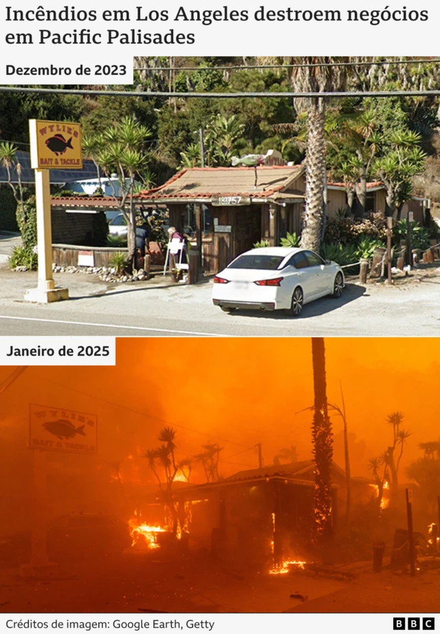 Duas imagenssite da loteria esportivaantes e depois dos incêndios florestaissite da loteria esportivaLos Angeles mostram a devastaçãosite da loteria esportivaum comérciosite da loteria esportivaPacific Palisades