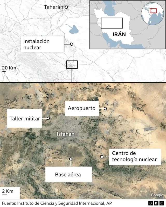 Mapa que muestra la ubicación de instalaciones estratégicas en Isfahán. 