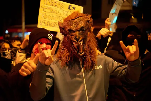 25 Mart'ta Saraçhane'deki gösteriye bir kurt maskesiyle katılan genç 