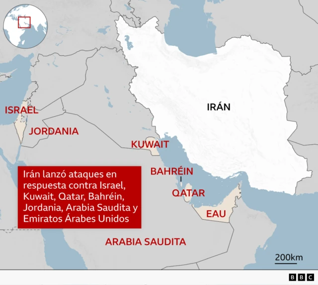 Mapa de los países que Irán atacó.