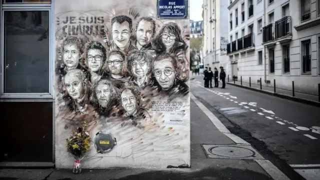 Mural com retratos dos mortos no ataque