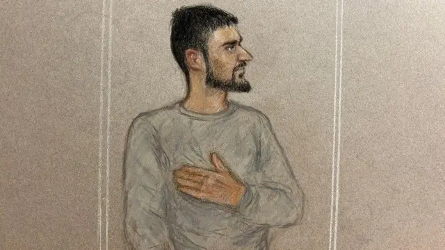 Court sketch of Marcus Arduini Monzo wey Julia Quenzler sign