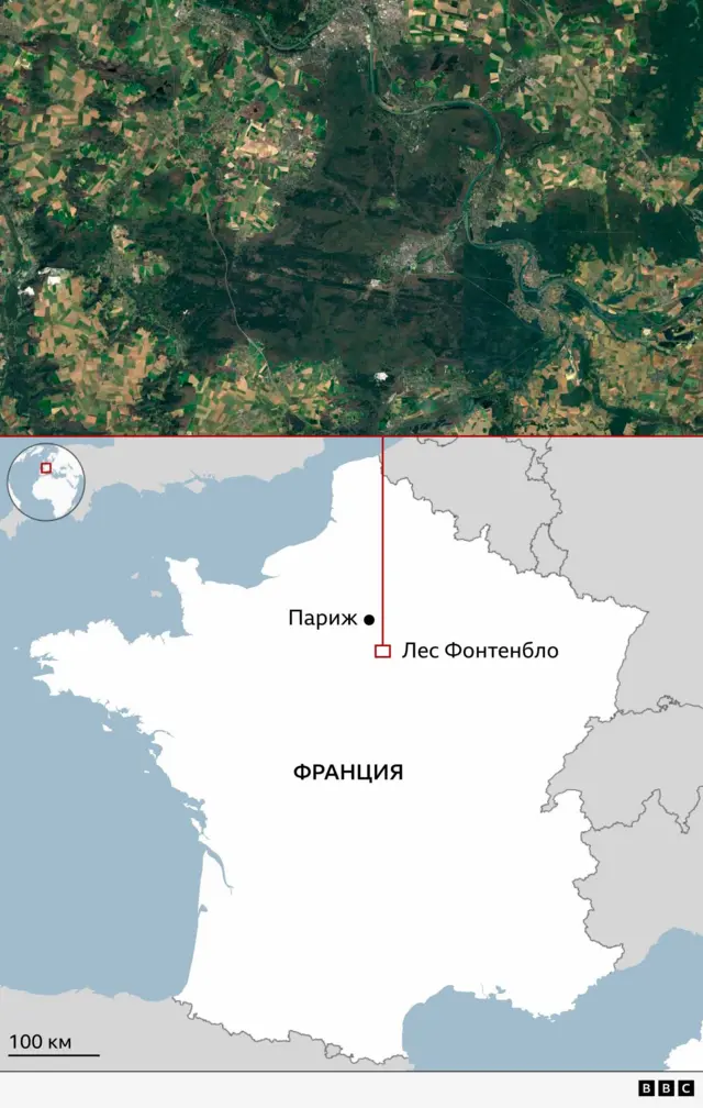Карта Франции, где отмечен лес Фонтенбло