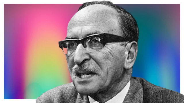 پرتره سیاه‌ وسفید و استیلیزه‌ دنیس گابور، مخترع هولوگرافی، در پس‌زمینه‌ای زنده و رنگارنگ