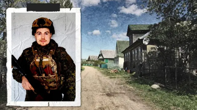 Коллаж — погибший солдат Артем Спиридонов в военной форме на фоне одноэтажных домов в деревне Новый Скребень, где он был похоронен