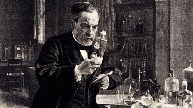 Louis Pasteur, em seu laboratório, examinando um frasco de vidro