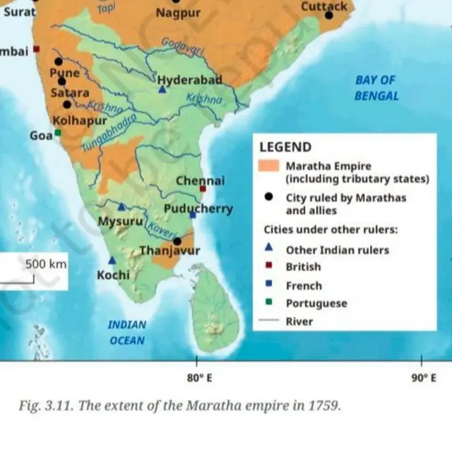 नकाशाची खाली जी सूची देण्यात आली आहे, त्यामध्ये भगव्या रंगाचा अर्थ विशद करताना 'Maratha Empire (Including Tributary States)' असं लिहिलेलं आहे. 