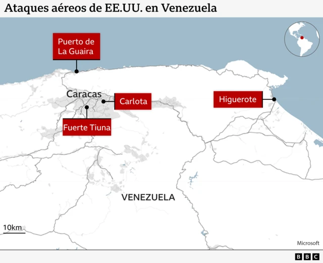 Mapa de los ataques de EE.UU. en Venezuela. Se localizan los puntos:
La Base Aérea Generalísimo Francisco de Miranda, un aeródromo conocido como La Carlota.
El Fuerte Tiuna, una instalación militar clave en Caracas.
El puerto La Guaira, la principal vía de acceso de Caracas al mar Caribe.
El aeropuerto de Higuerote, también situado en el estado de Miranda, al este de Caracas.