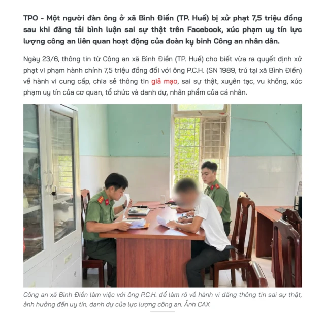 Một bài báo về việc xử phạt người đàn ông bị cáo buộc đăng tải bình luận sai sự thật, xúc phạm uy tín của đoàn kỵ binh Công an nhân dân trên mạng xã hội Facebook