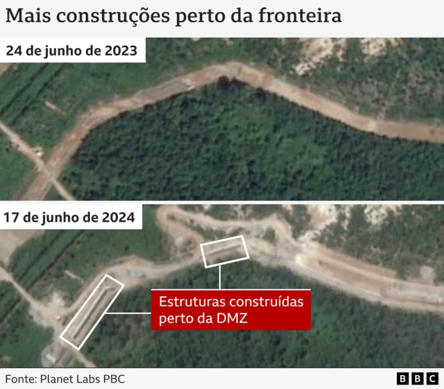 Duas imagens20 betanosatélite mostrando antes e depois da construção20 betanotrechos do que parece ser um muro perto da fronteira com a Coreia do Norte