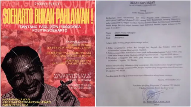 Poster diskusi publik tentang Soeharto dan surat keputusan skorsing