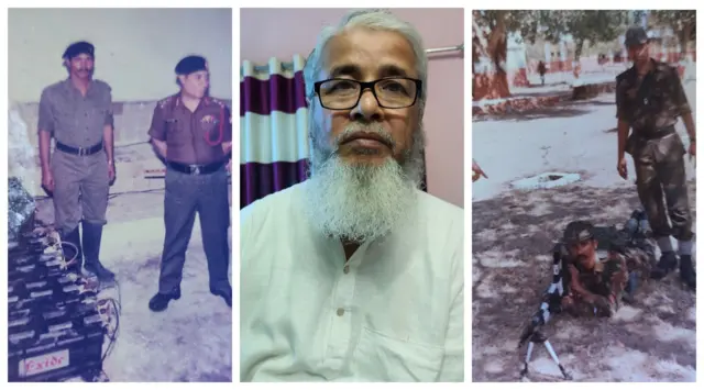 অবসরপ্রাপ্ত সেনা সদস্য দাউদ আলি (মাঝে), সেনাবাহিনীতে কর্মরত অবস্থায় মি. আলি (ডানে আর বাঁয়ে)