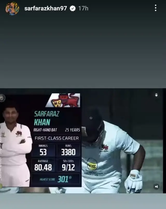 सरफ़राज़ खान की इंस्टाग्राम स्टोरी